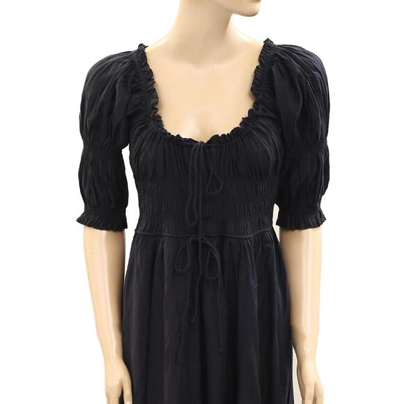 Doen Ischia Maxi Dress Smocked Puff Sleeve Solid Ruffle Badydoll Navy S 275610 - Picture 11 of 15